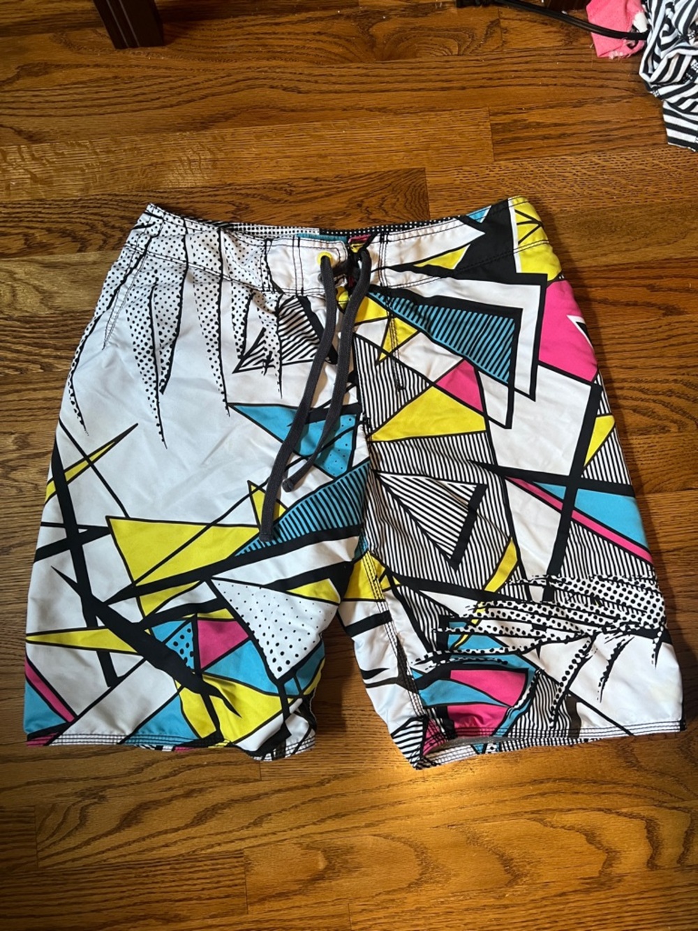 Old Navy Men's White Swim Board Shorts with Yellow, Blue & Pink Geometric Print